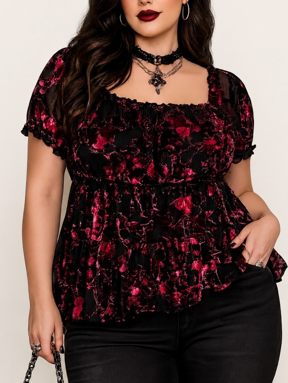 Torrid Velvet Burnout Baby Doll Blouse Size 3X Pink Black Floral Vamp Whimsigoth